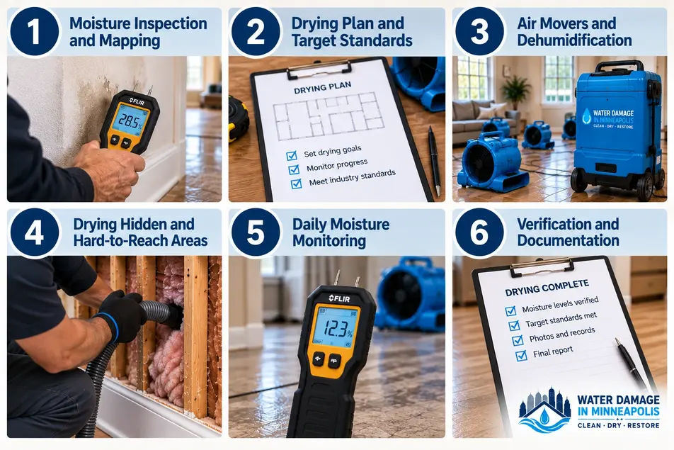 Structural drying process in Minneapolis showing moisture inspection, dehumidification, hidden-area drying, monitoring and verification.