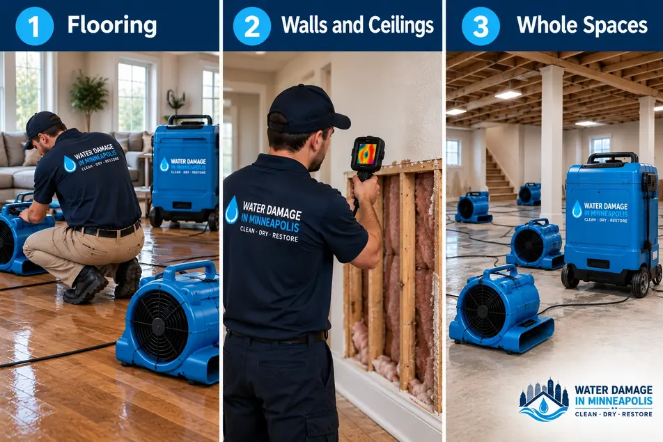 Structural drying services in Minneapolis for wet flooring, walls, ceilings and whole spaces using professional drying equipment.
