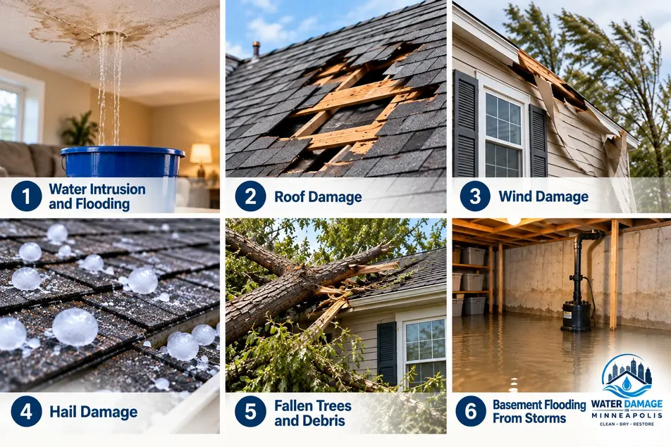 Types of storm damage in Minneapolis including roof, wind, hail, flooding, fallen trees, and basement water damage.