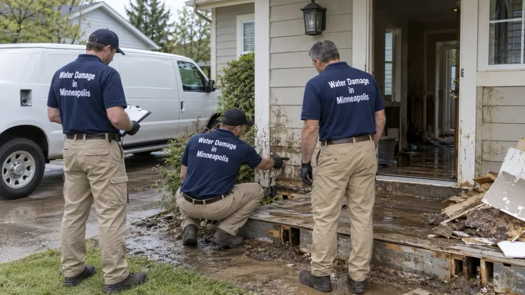 Water damage restoration team in Minneapolis inspecting a home's damaged siding and porch beside a white service van.