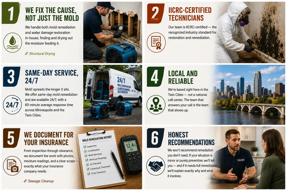 Why Minneapolis homeowners choose our mold remediation team for moisture control, IICRC-certified service, fast response and insurance documentation.
