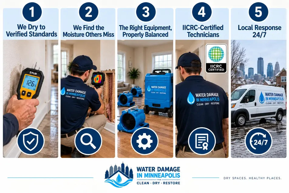Minneapolis structural drying team using moisture detection, certified technicians and professional equipment with 24/7 local response.