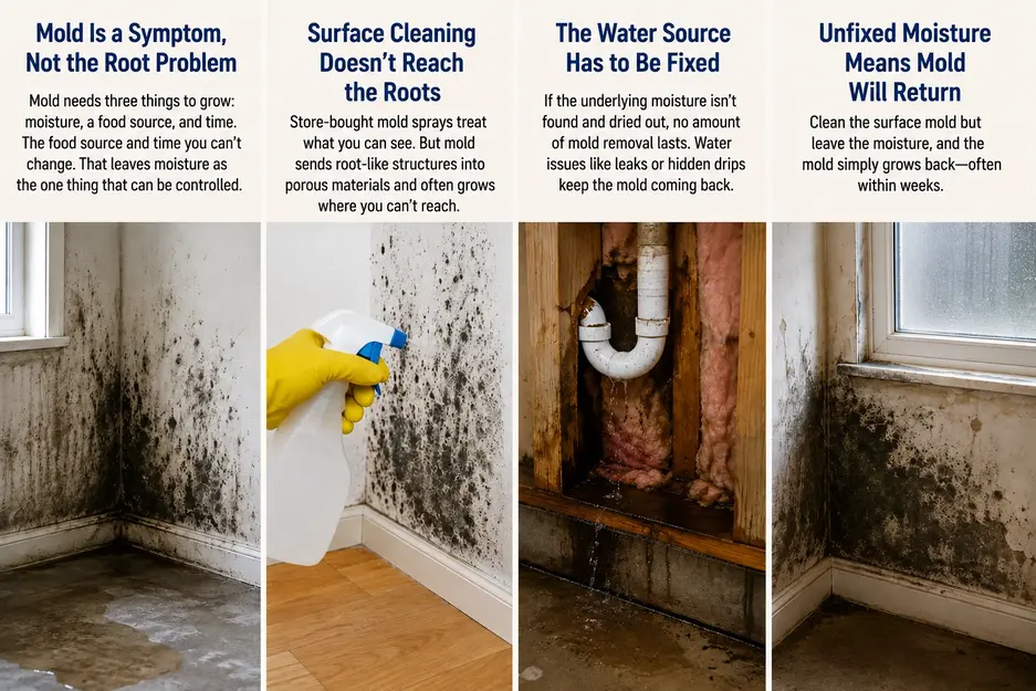 Common reasons mold comes back after cleaning, including hidden moisture, surface-only treatment and unresolved water leaks in Minneapolis homes.